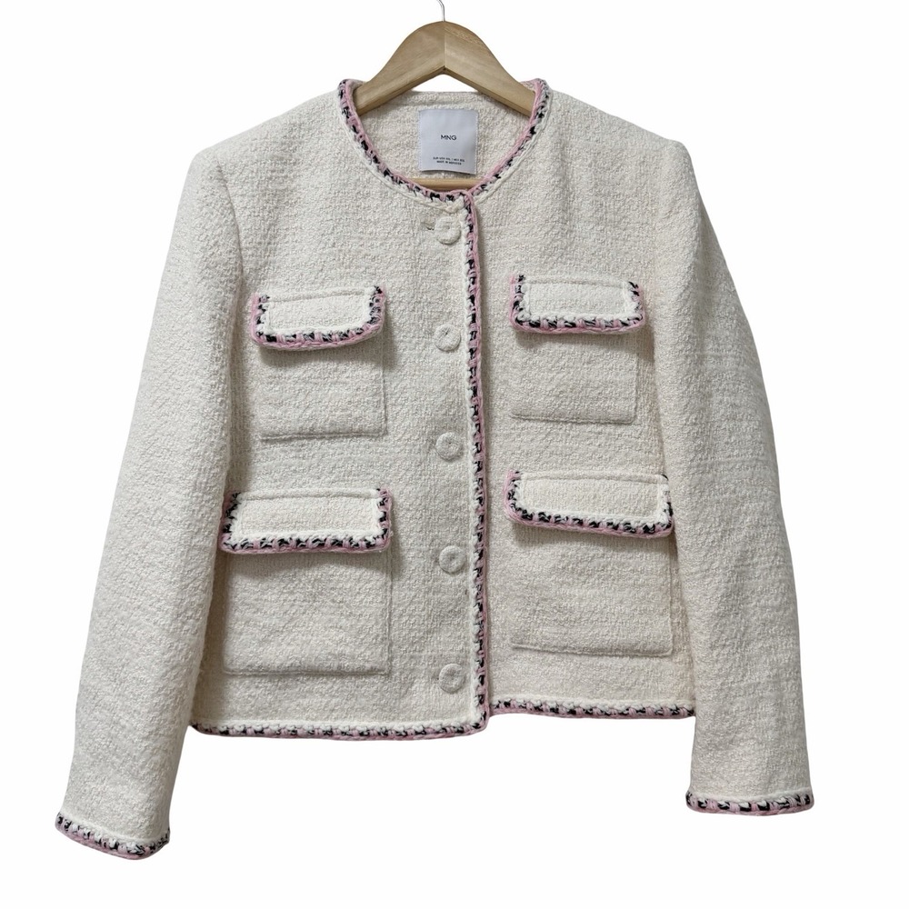 Mango MNG Womens Tweed Contrasting Trims Wool Blend Jacket Size XXL Ecru White